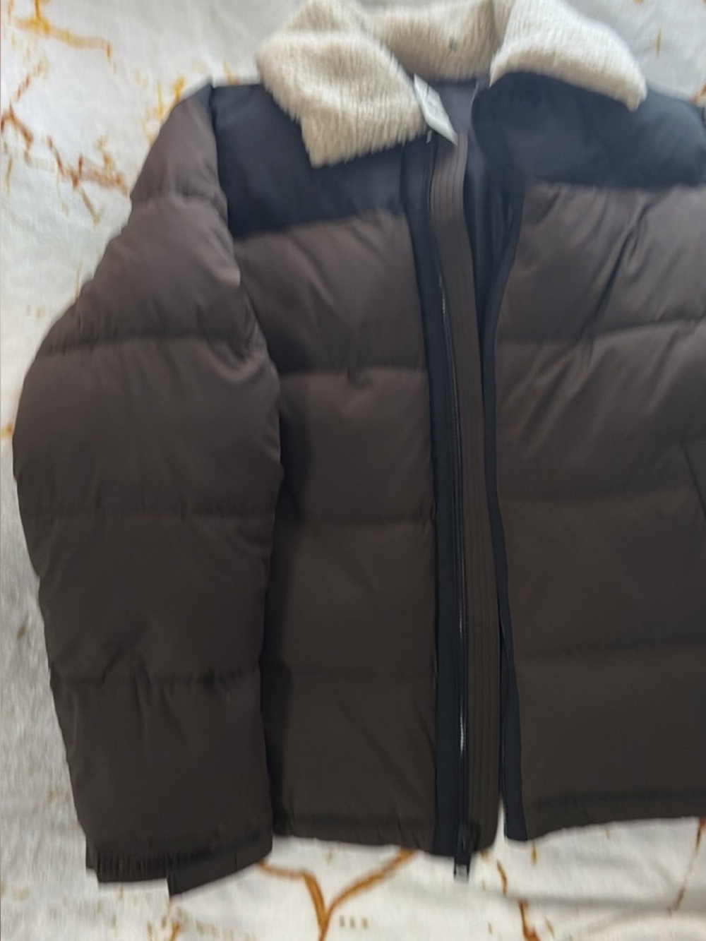 Express Brown Puffer Jacket with Cream Sherpa Collar and Black Yoke